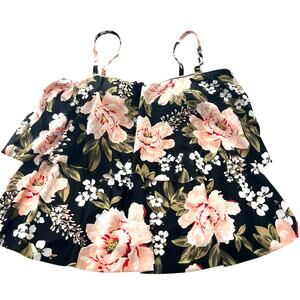 KONA SOL TIERED BANDEAU TANKINI SWIMSUIT TOP, WOMENS-L-BLACK- PEACH GREEN FLORAL